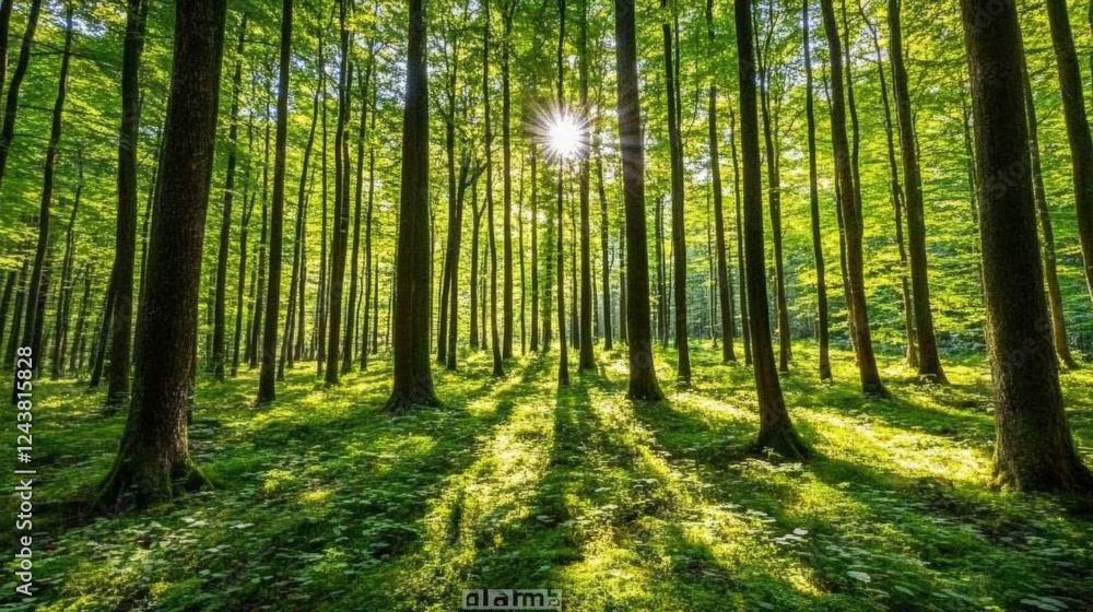 Bright sunlight streaming through the trees in a lush green forest creates a peaceful and serene atmosphere, inviting a sense of tranquility and connection with nature Bright sunlight streaming through the trees in a lush green forest creates a peaceful and serene atmosphere, inviting a sense of tranquility and connection with nature