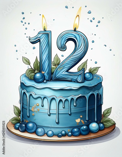 Illustration of decorated blue cake for birthday or anniversary party. Number 12, twelfth birthday celebration photo