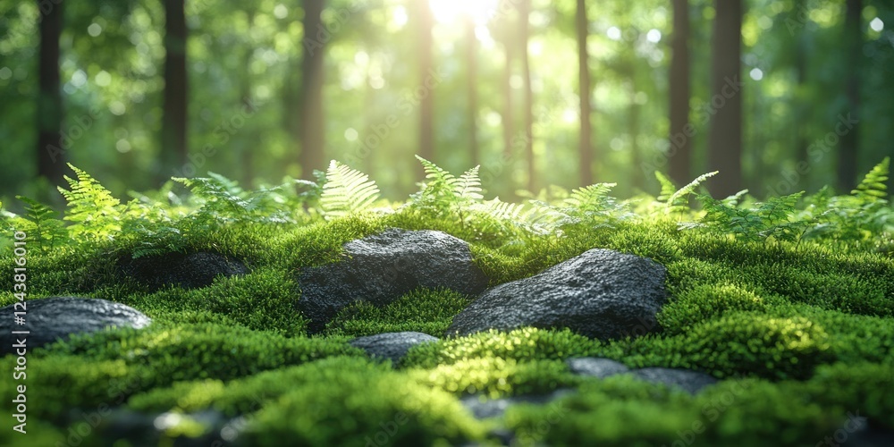 Sunlit Forest Floor: Mossy Rocks and Ferns Sunlit Forest Floor: Mossy Rocks and Ferns