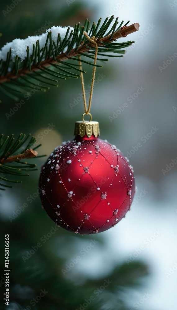 A red Christmas ball tree decoration hangs from a wooden branch, winter, tree decorations A red Christmas ball tree decoration hangs from a wooden branch, winter, tree decorations