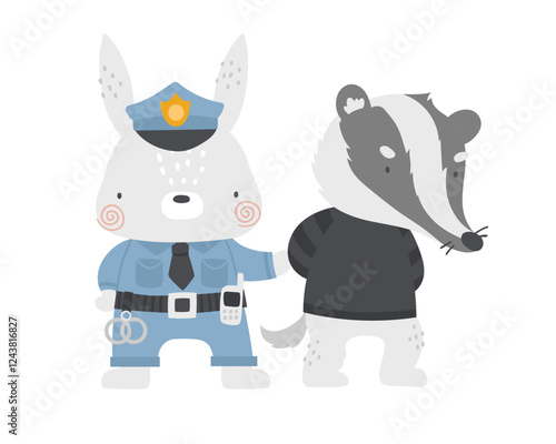 Vector illustration cute rabbit police officer caught badger criminal. Hare in police uniform. Thief and officer. Cute cartoon animals police officers. Professions for children. Cute emergency.