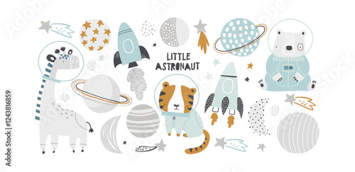 Vector illustration of cute animal astronauts: tiger, giraffe and bear in spacesuits. Space elements: planets, stars, rockets, constellations. Space cartoon set for kids. Little astronaut.
