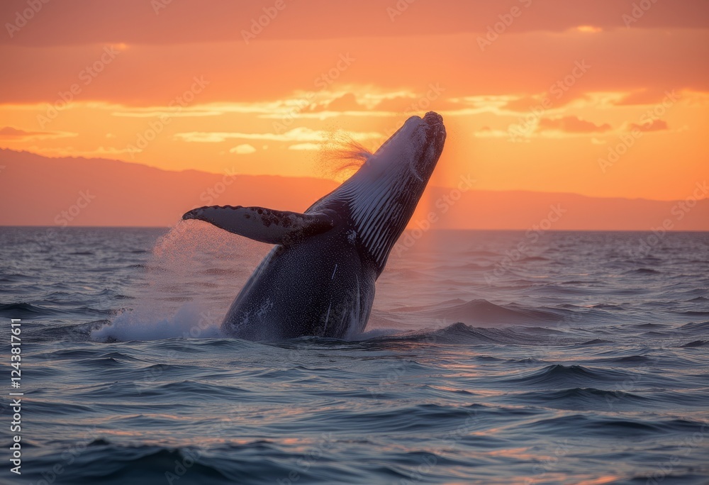 Fototapeta premium Breathtaking whale breaching out of the ocean during a vibrant sunset, with warm orange and yellow sky reflecting over the water