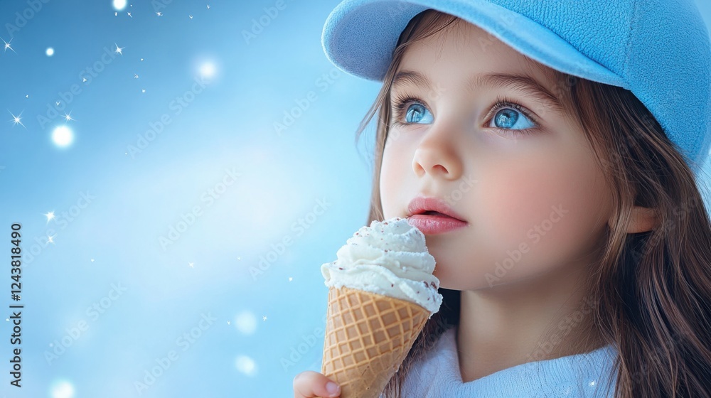 A little girl with sparkling eyes licking an ice cream cone, dreamy fairytale background, magical lighting A little girl with sparkling eyes licking an ice cream cone, dreamy fairytale background, magical lighting