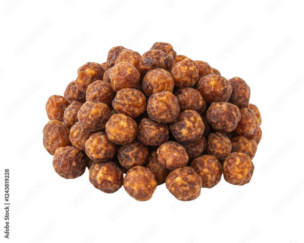 A pile of round, brown snack balls, likely made from grains or legumes. A pile of round, brown snack balls, likely made from grains or legumes.