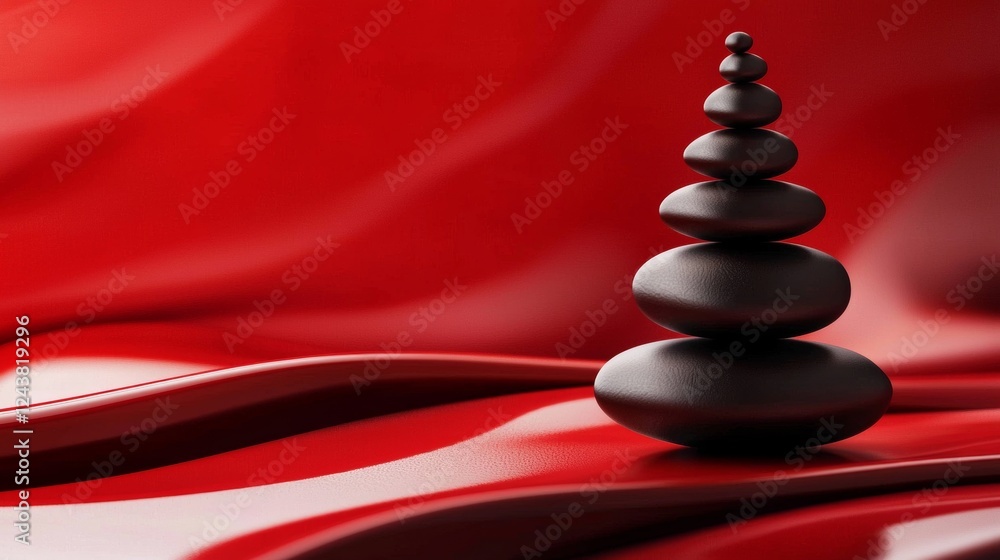 Obraz premium Zen stone stack on a red fabric background with flowing lines
