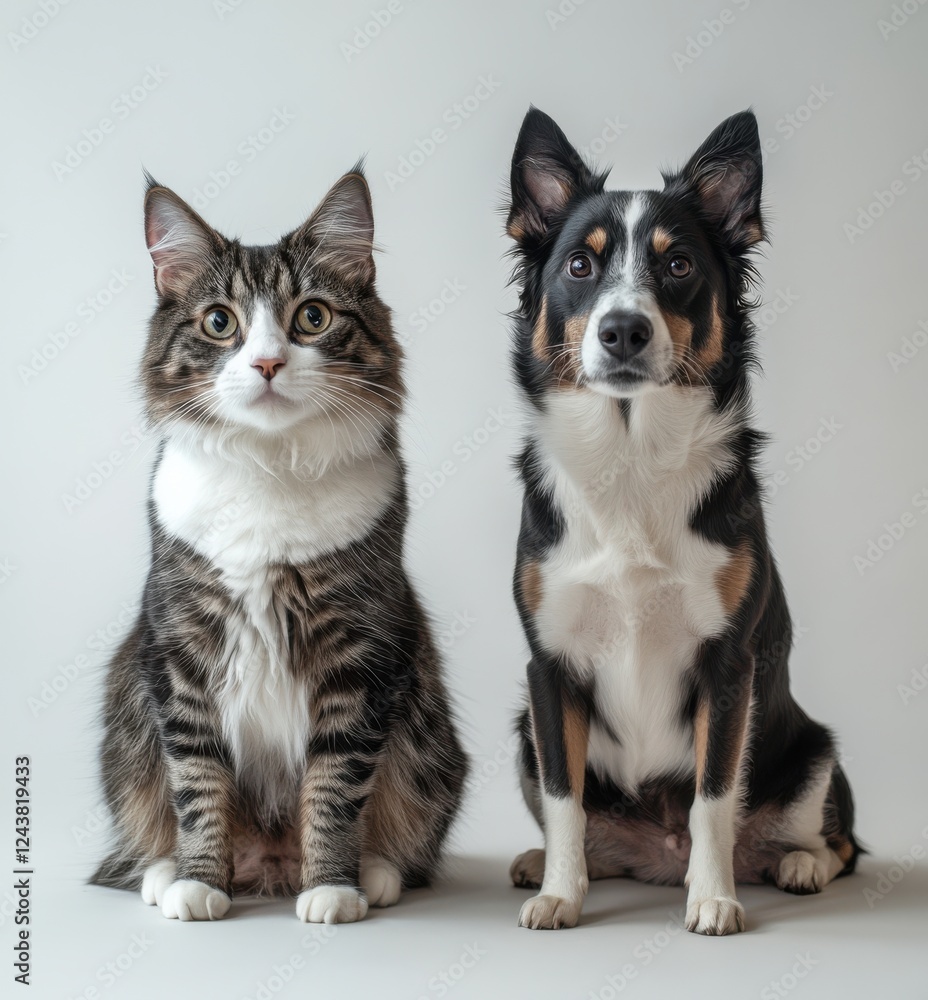 Obraz premium Cute cat and dog sitting side by side, showcasing their unique features and expressions, perfect for pet lovers and animal photography enthusiasts.