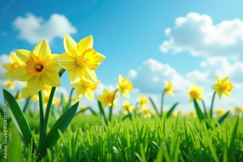 Fototapeta premium Daffodil plants in a spring garden with a clear blue sky and fluffy white clouds, warm weather, growth