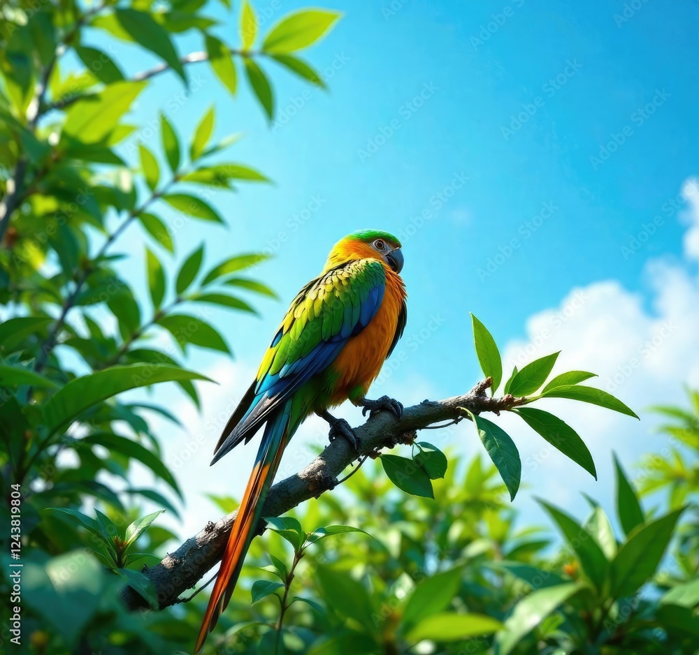 Vibrant parrot perched on a branch amidst lush green foliage with a vibrant blue sky background , green, feathers Vibrant parrot perched on a branch amidst lush green foliage with a vibrant blue sky background , green, feathers