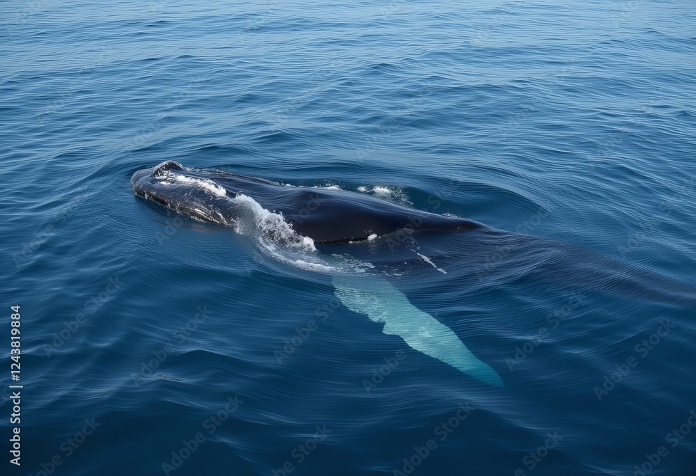 Naklejka premium Humpback whale swimming near the surface of the clear blue ocean showcasing its pectoral fins and distinctive white patterns