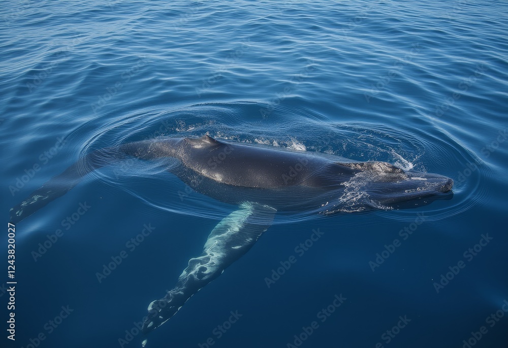 Fototapeta premium Humpback whale swimming near the surface of the clear blue ocean showcasing its pectoral fins and distinctive white patterns