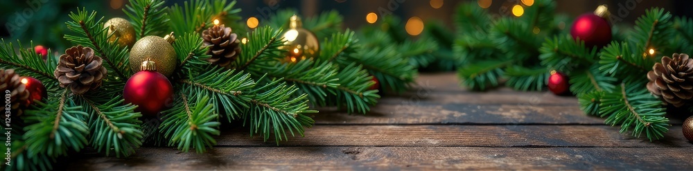 Fototapeta premium Fluffy green Christmas tree branches on a wooden table with pinecones and ornaments, Christmas trees, wreath, ornament