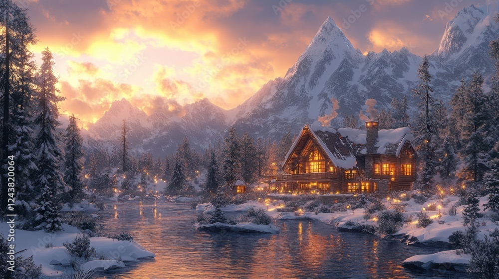 Fototapeta premium Cozy mountain lodge with snowy peaks