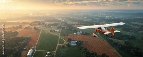Aerial view of a small plane flying over a green landscape.
