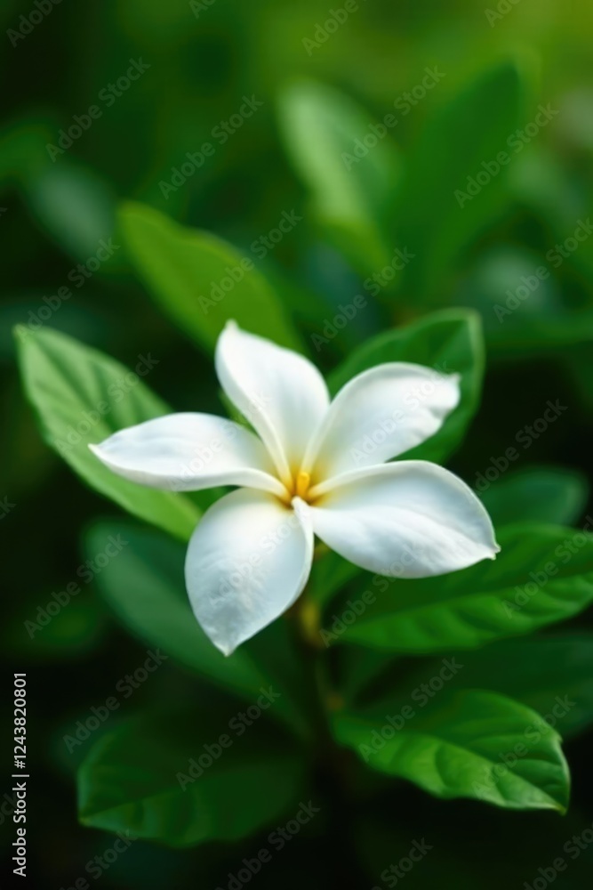 Obraz premium Fragrant white gardenia flower in a lush greenery, garden, botanical, flowers