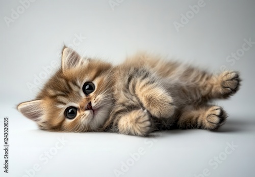 Cute Domestic Kitten Lying Playfully on Soft Surface, Small Furry Pet with Big Eyes and Fluffy Tail, Adorable Animal Portrait for Pet Lovers photo