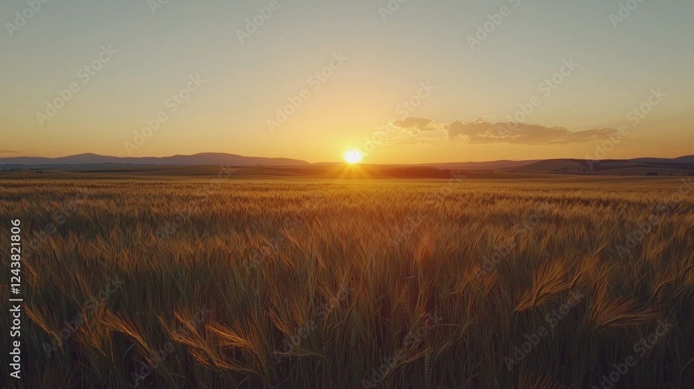 Sunlight bathes the vast fields of grain in warm golden hues as the sun sinks below the distant hills, creating a breathtaking backdrop of tranquility during dusk Sunlight bathes the vast fields of grain in warm golden hues as the sun sinks below the distant hills, creating a breathtaking backdrop of tranquility during dusk