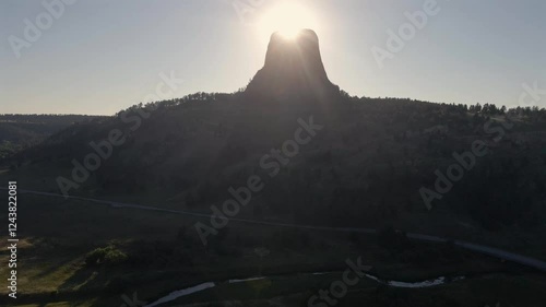 Drone Shot of Devils Tower: Majestic Monolithic Volcanic Butte in Wyoming
