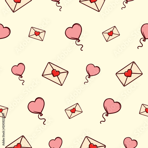 Seamless pattern with envelopes and hearts. Bright Vector Background for Valentine's Day for Gift Paper, Print, Textile