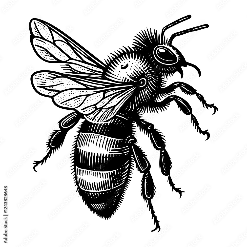 honey bee with intricate details, showcasing its wings, legs, and striped body in a realistic style sketch engraving generative ai PNG illustration. Scratch board imitation. Black and white image. honey bee with intricate details, showcasing its wings, legs, and striped body in a realistic style sketch engraving generative ai PNG illustration. Scratch board imitation. Black and white image.
