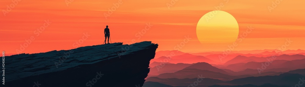 A solitary figure stands at the edge of a cliff at sunset. A solitary figure stands at the edge of a cliff at sunset.