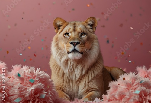 A lion stands proudly against a pink background, surrounded by colorful confetti, creating a festive atmosphere.
