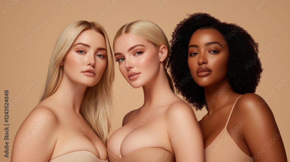 Showcasing diversity and self-love with women in neutral-toned lingerie, radiating confidence Showcasing diversity and self-love with women in neutral-toned lingerie, radiating confidence