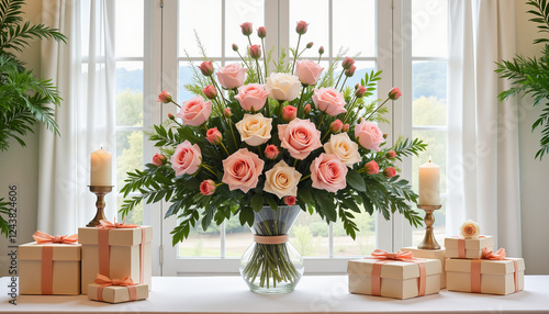 Whimsical floral arrangement with candles and gift boxes, magical ambiance