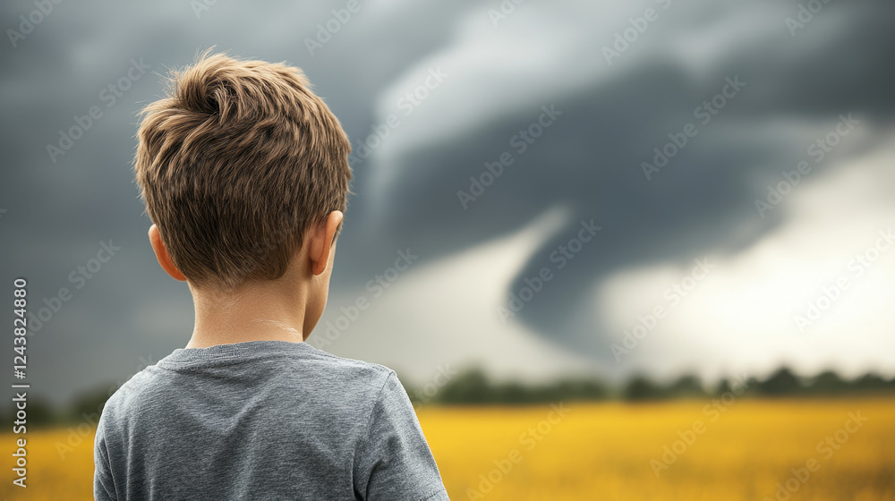 child observing dark storm cloud in field, evoking curiosity and concern. scene captures tension of nature power child observing dark storm cloud in field, evoking curiosity and concern. scene captures tension of nature power