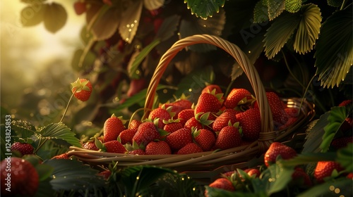 juicy strawberries in a rustic basket, surrounded by lush green foliage and glistening with morning dew. The warm sunlight adds a touch of magic to this idyllic scene photo