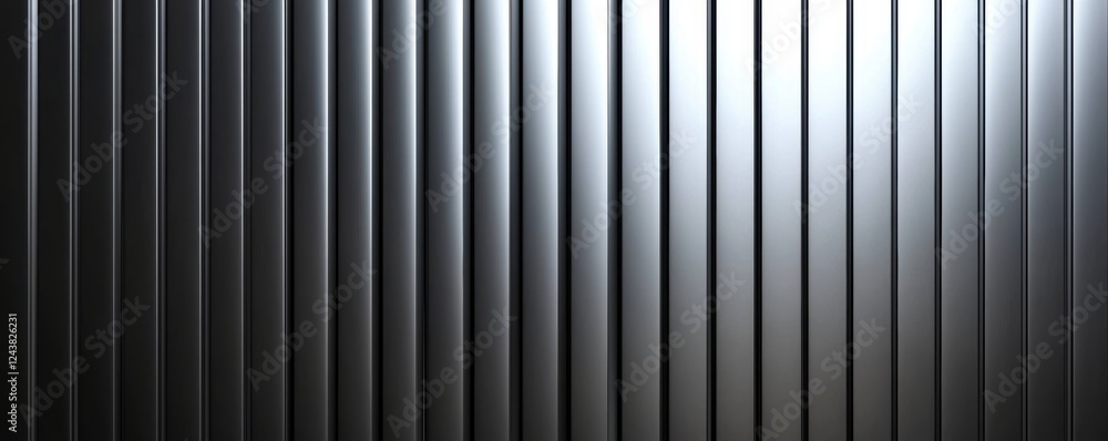 Obraz premium Metallic abstract pattern of vertical lines in a silver and black gradient, portraying a modern, high-tech, and minimalistic design style