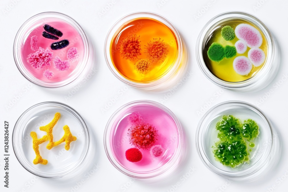 A vibrant display of petri dishes containing colorful microbial cultures, showcasing the diversity of microorganisms in a scientific setting. A vibrant display of petri dishes containing colorful microbial cultures, showcasing the diversity of microorganisms in a scientific setting.