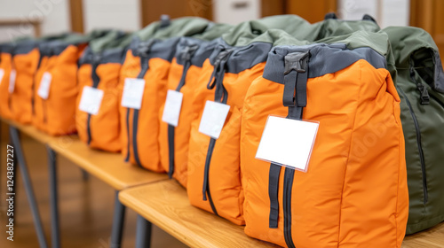 Emergency preparedness kits lined up on table, featuring orange and green bags with labels. These kits are essential for tornado preparedness and safety