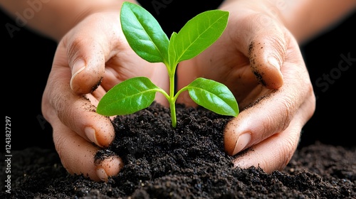 Hands Nurturing a Young Plant in Dark Soil on a Black Background