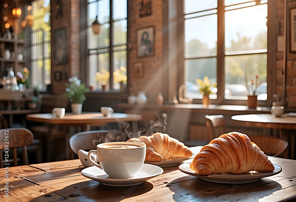 A rustic café with natural light streaming in through the window, highlighting cups of coffee and croissants - IA - 02 A rustic café with natural light streaming in through the window, highlighting cups of coffee and croissants - IA - 02