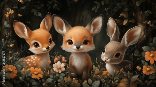 Three adorable animals stand among vibrant flowers in a lush forest setting, creating a whimsical