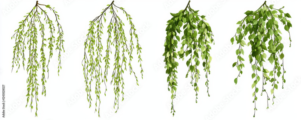 Fototapeta premium Four realistic hanging green foliage variations with cascading leaves on white background