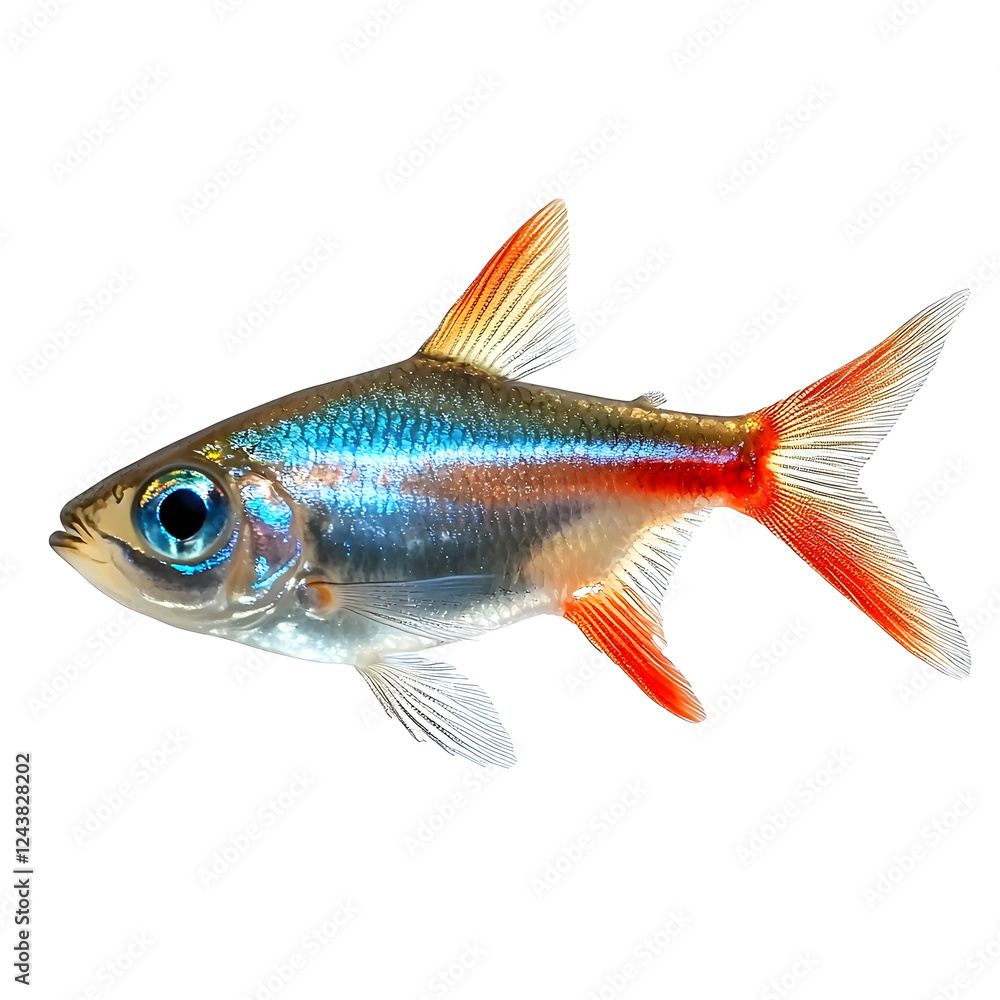 Neon Tetra Fish Swimming in Aquarium on Plain White Background Neon Tetra Fish Swimming in Aquarium on Plain White Background