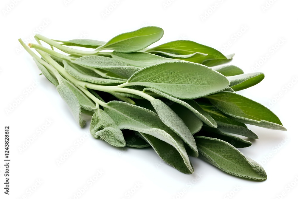 Obraz premium Fresh sage leaves bunch isolated on white background, aromatic culinary herb for cooking and natural medicine. Perfect for food packaging, recipe blogs and healthy lifestyle designs.