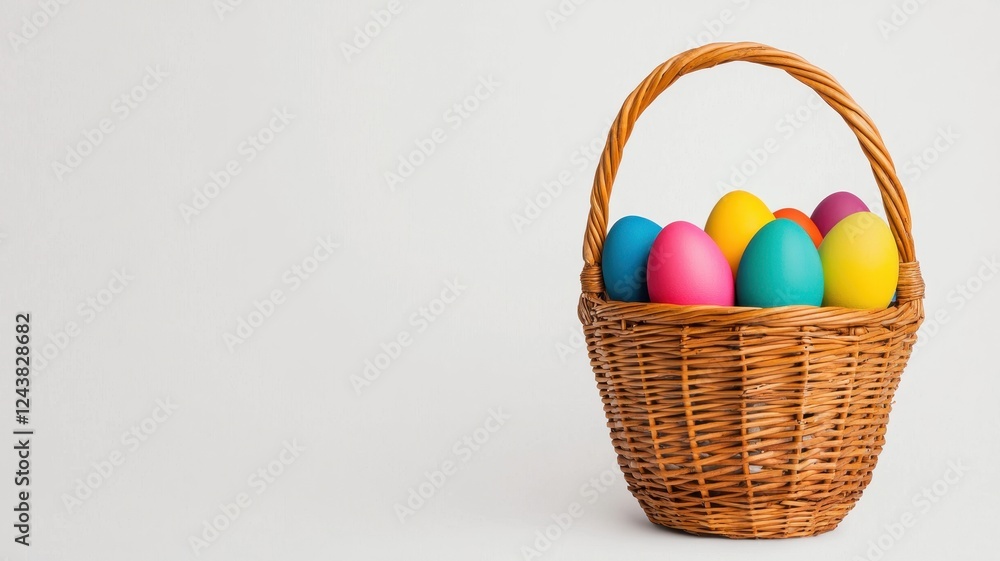 Happy Easter tradition. Colorful Easter eggs in a woven basket against a neutral background. Happy Easter tradition. Colorful Easter eggs in a woven basket against a neutral background.
