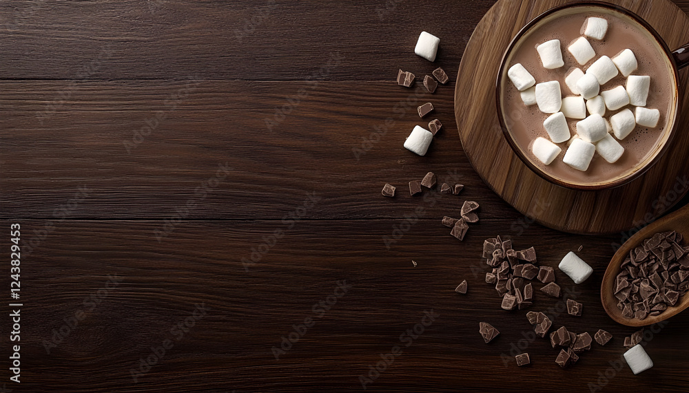 Tasty hot chocolate with marshmallows on wooden table, top view. Space for text Tasty hot chocolate with marshmallows on wooden table, top view. Space for text
