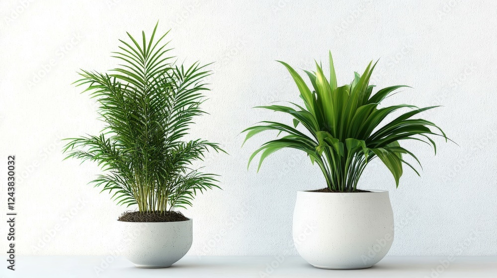 Fototapeta premium Two Beautiful Indoor Plants in Minimalist White Pots on a Bright Background for Home or Office Decor Inspiration and Aesthetic Enhancement
