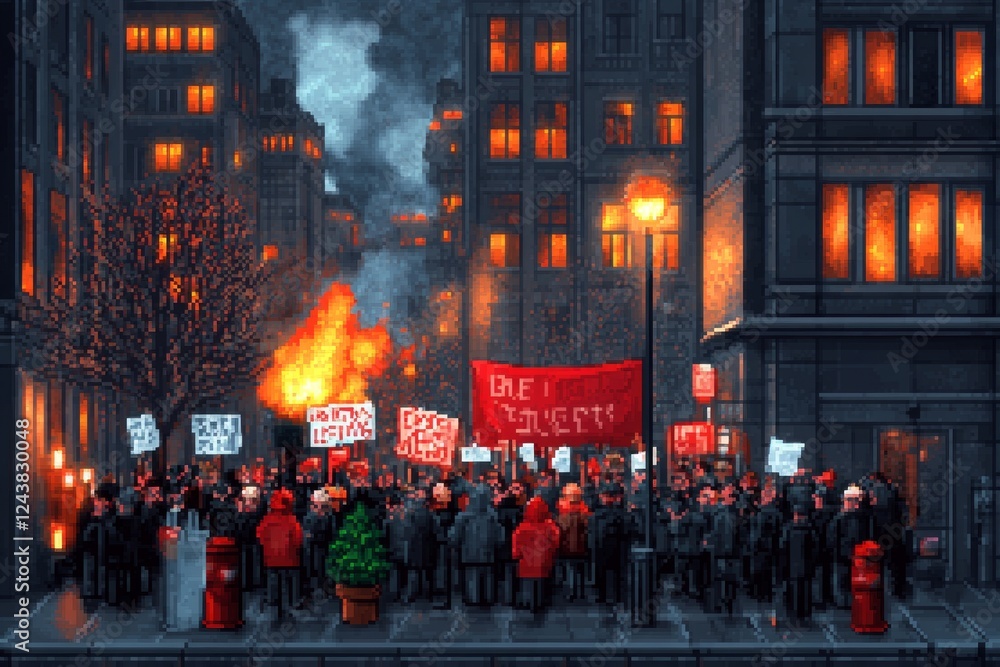 Obraz premium A 8-bit pixel art of a political rally, featuring small pixelated characters holding banners and chanting slogans