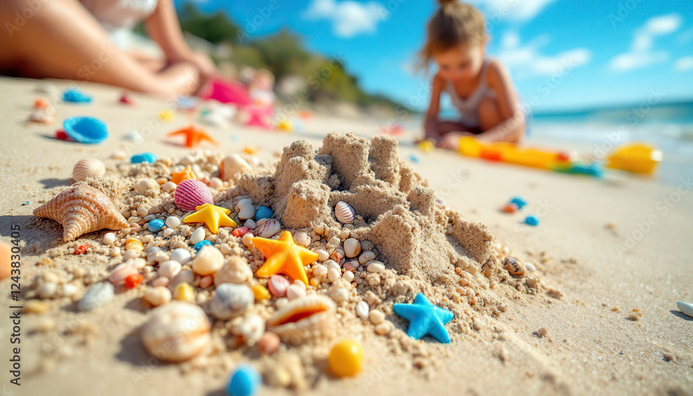 Beach Sandcastle with Shells and Starfish Fun Summer Play Beach Sandcastle with Shells and Starfish Fun Summer Play