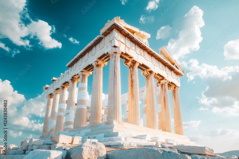 Fototapeta premium A beautiful ancient Greek temple standing on a hill with white marble columns