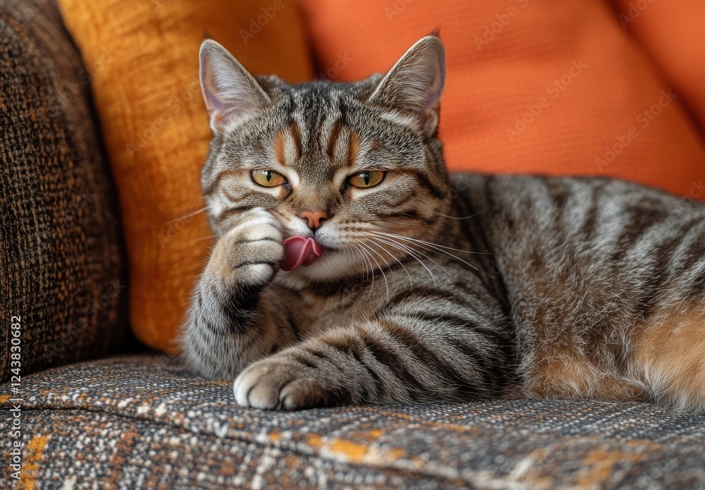 Obraz premium Cute tabby cat with striking markings grooming itself on cozy couch surrounded by soft pillows and warm colors in a stylish, modern living space