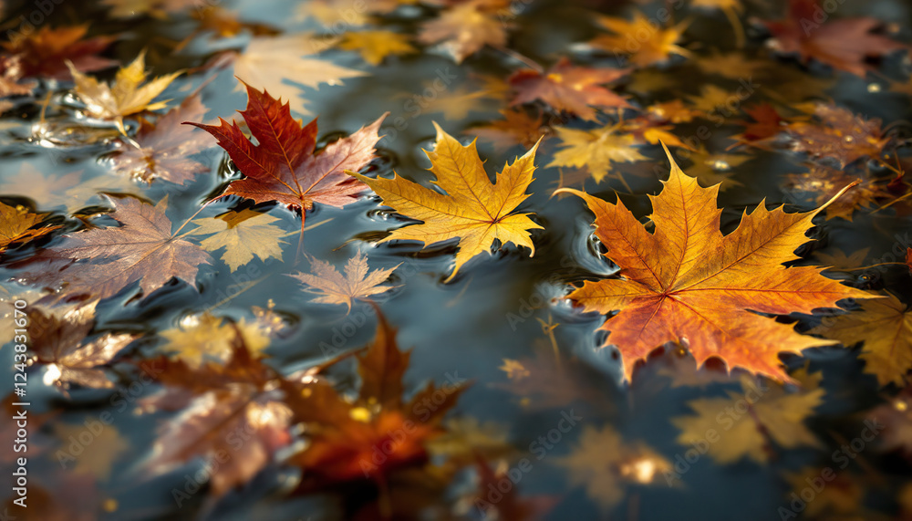 Autumn Maple Leaves Floating on Water Surface Autumn Maple Leaves Floating on Water Surface