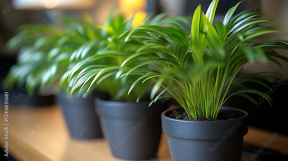 Three potted parlor palms sit on a wooden surface Three potted parlor palms sit on a wooden surface