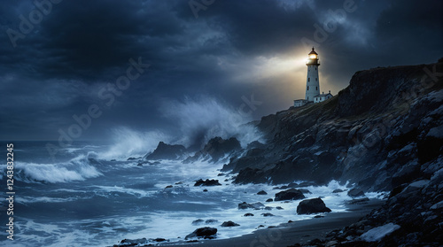 A lone lighthouse stands resilient against an incoming storm, its beacon glowing faintly through the heavy mist. dramatic atmosphere, moody nostalgia, evocative composition.