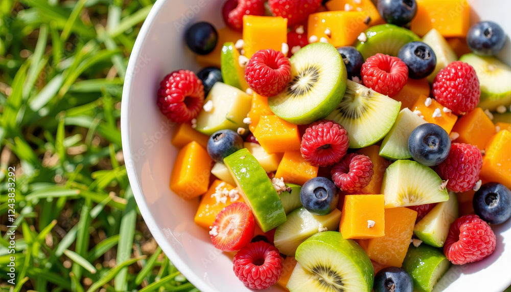 Fresh fruit salad in sunny picnic setting, healthy Iftar meal Fresh fruit salad in sunny picnic setting, healthy Iftar meal